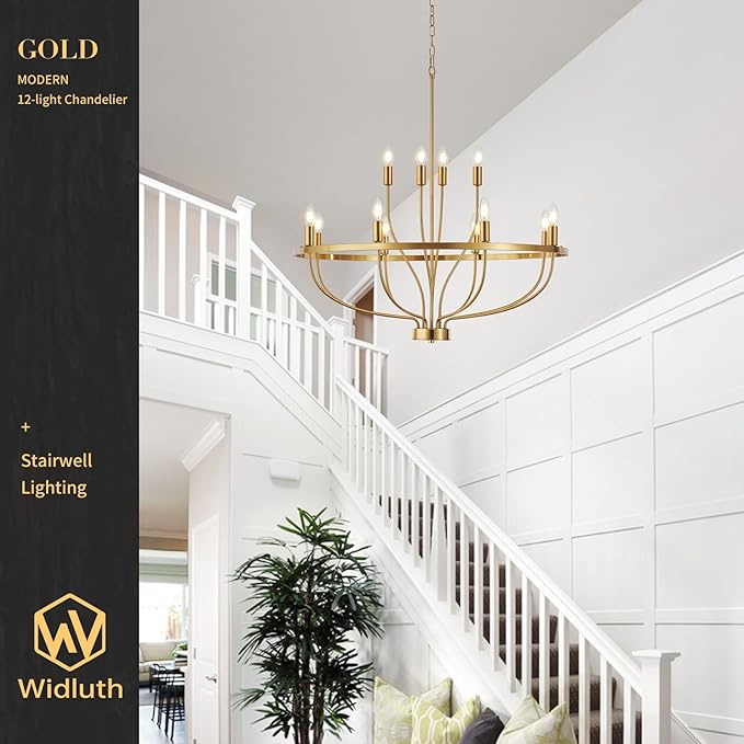 33.5" Modern Gold Chandelier Light Fixture Vintage Mid Century Modern 12-Lights Candle Style Chandeliers Retro Golden Chandelier for Dining Room, Kitchen Island, Living Room, E12