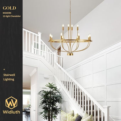 33.5" Modern Gold Chandelier Light Fixture Vintage Mid Century Modern 12-Lights Candle Style Chandeliers Retro Golden Chandelier for Dining Room, Kitchen Island, Living Room, E12
