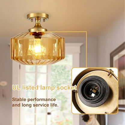 2-Pack Amber Glass Semi Flush Mount Ceiling Light, 11.02" Mid Century Modern Gold Close to Ceiling Light Fixtures, Farmhouse Flush Mount Lamps for Bedroom Hallway Kitchen Entryway Foyer