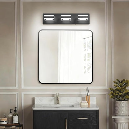 SOLFART LED Bathroom Vanity Light Fixtures： 3 Light Matte Black Modern Acrylic Bathroom Wall Lighting Fixtures Over Mirror Cool White 6000K