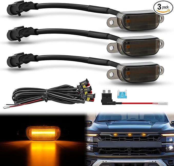 Nilight Front Grille Marker Light 3PCS 4LED Amber LED Lights Smoked Lens Waterproof Compatible with 2004-2019 Ford F-150 Raptor and 2013-2018 Dodge Ram 1500 Aftermarket Grilles