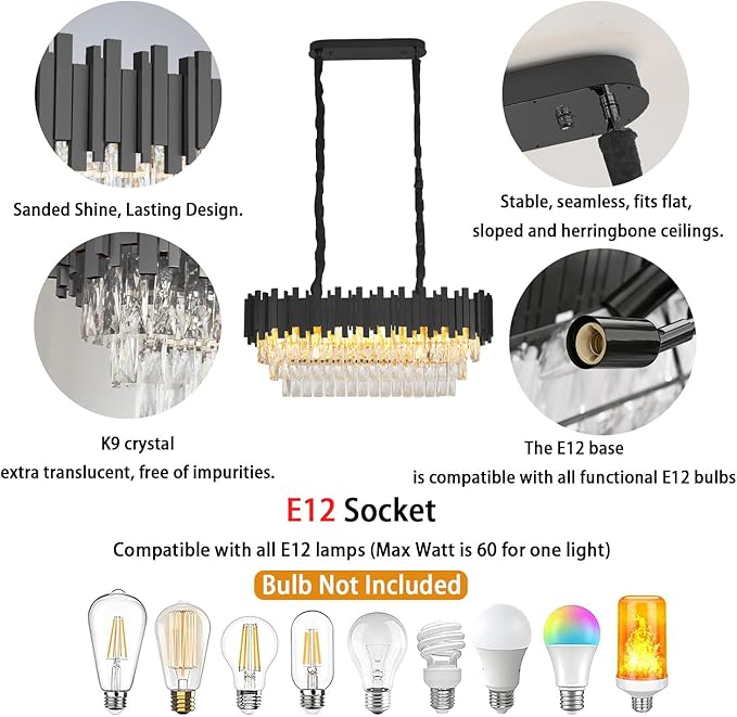 40" Black Rectangular Crystal Chandelier for Dining Room, 10-Light Luxury Crystal Raindrop Chandeliers, Adjustable Height Chandelier for Staircase, Living Room, Foyer