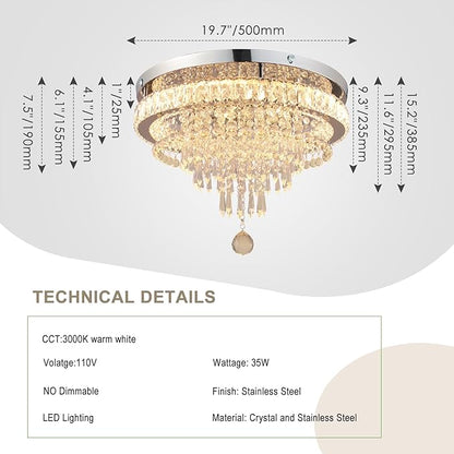 FRIXCHUR 19.7" Modern Crystal Chandelier Ceiling Light LED Chandeliers Flush Mount Ceiling Light Fixture for Bedrooms Living Dining Room Lights 2700K Warm White
