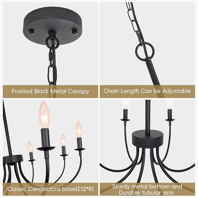 8-Light Black Chandelier, 26“ Farmhouse Chandelier for Dining Room Lighting Fixtures Hanging, Rustic Candle Modern Chandeliers for Living Room Bedroom Foyer Kitchen(Frosted Black)