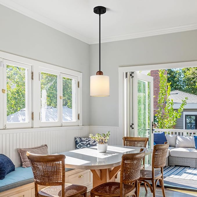 5.9” Drum Pendant Light with White Fabric Shade Modern Hanging Pendant Light Fixture| Adjustable Semi Flush Mount Kitchen Island Dining Room Bedroom Black 1 Pack