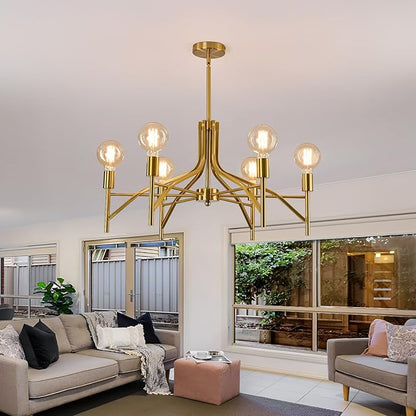 ASGYISA Modern Brass Gold Chandelier Light Fixture 6 Light Vintage Dining Room Light Fixture for Farmhouse Bedroom, Kitchen Foyer Entryway and Living Room