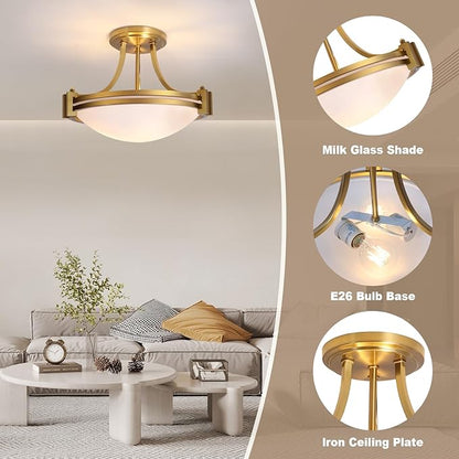 Bektas Semi Flush Mount Ceiling Light Fixture 12 inch Brushed Gold Light Fixture with Milk Glass for Bedroom Kitchen Bathroom Hallway Foyer Dinning Room Hall Entryway ETL Certified