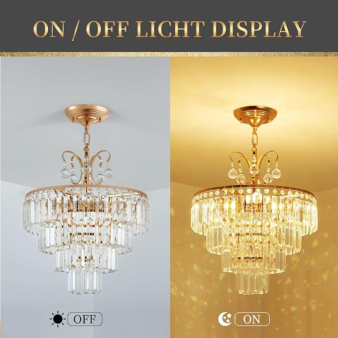 4 -Lights Crystal Chandelier,20'' Gold Crystal Chandeliers,4 Tier Semi Flush Mount Chandelier Modern Luxury Gold Flush Mount for Living Room Dining Bedroom Kitchen E12 Base
