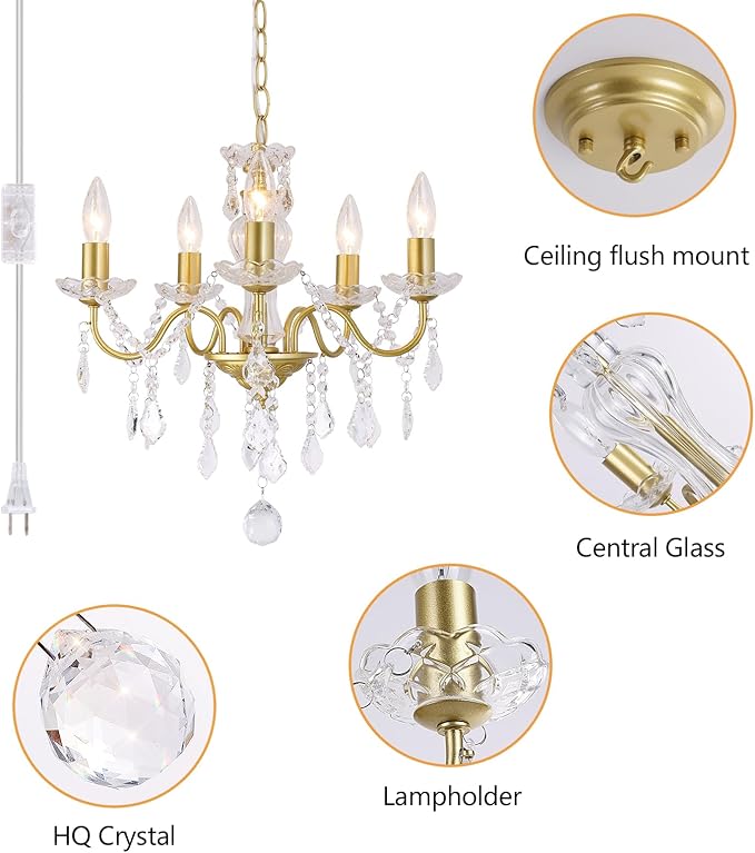 Plug in Modern 5-Light Gold Chandelier with Glass Crystals, Candle Style Pendant Light Fixtures for Living Room, Girls Room, Kitchen Island, Entryway