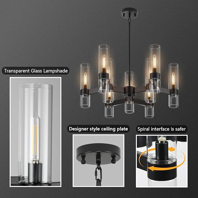 9 Light Black Chandelier, Modern Farmhouse Chandeliers for Dining Room Light Fixtures Over Table, Kitchen Island Lighting Fixture with Clear Glass Cover for Living Room Kitchen Island Bedroom Foyer
