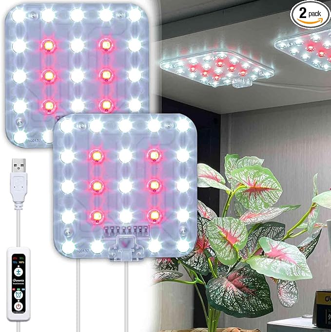 Full Spectrum LED Grow Light for Indoor Plants, 2 Panels 10W with 6/12/16h Timer Dimmable Plant Lights for Flower Veg Plant Growth USB, Daylight White, 2-Pack