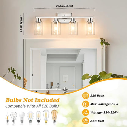 Unicozin 4-Light Bathroom Light Fixtures, Modern Vanity Lights with Clear Glass Shades, Brushed Nickel Bathroom Wall Lamp for Mirror Living Room Cabinet Bedroom