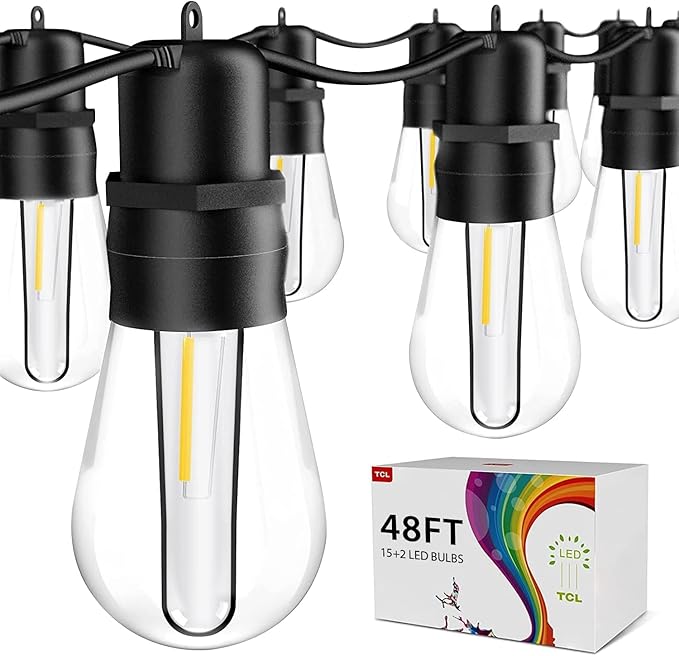 49FT LED Outdoor String Lights with S14 Shatterproof Plastic Bulbs (15+2 Spare) – ETL Listed IP65 Waterproof Patio Lights for Backyard, Cafe, Garden, Party Outdoor Lighting