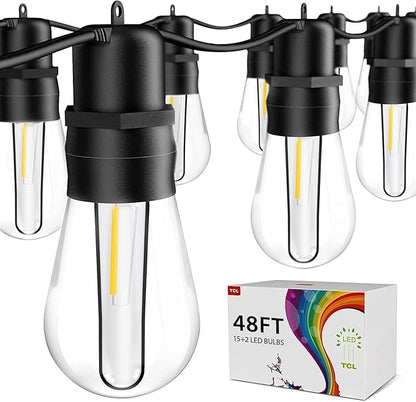 49FT LED Outdoor String Lights with S14 Shatterproof Plastic Bulbs (15+2 Spare) – ETL Listed IP65 Waterproof Patio Lights for Backyard, Cafe, Garden, Party Outdoor Lighting