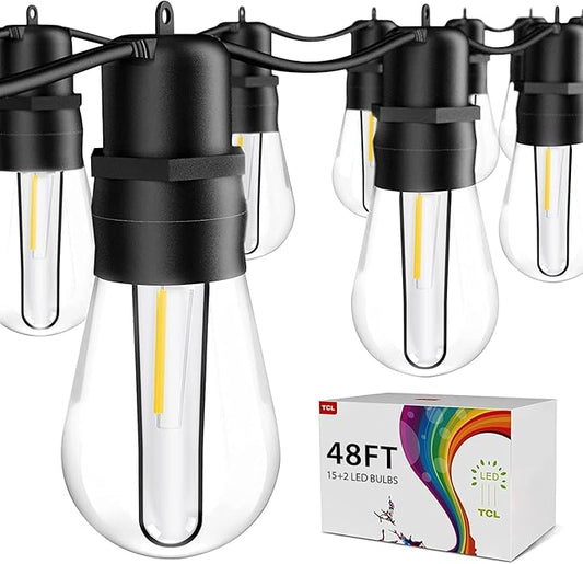 49FT LED Outdoor String Lights with S14 Shatterproof Plastic Bulbs (15+2 Spare) – ETL Listed IP65 Waterproof Patio Lights for Backyard, Cafe, Garden, Party Outdoor Lighting