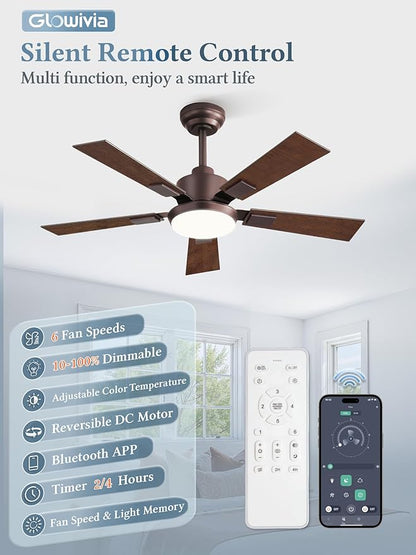 42 Inch Ceiling Fans with Lights and Remote&APP Control, Bronze Smart Ceiling Fan with 3000-6000K Dimmable, 6 Speeds Quiet Reversible Motor, Indoor/Outdoor Ceiling Fan for Bedroom Living Room