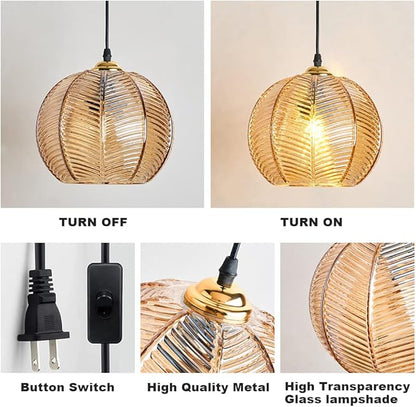 Plug in Glass Pendant Light Mid-Century Modern Striped Amber Glass Hanging Ceiling Lighting Fixture with 14.7FT Cord, Globe Decor Chandelier For Living Room, Bedroom, Dining Hall, Kitchen (Amber)