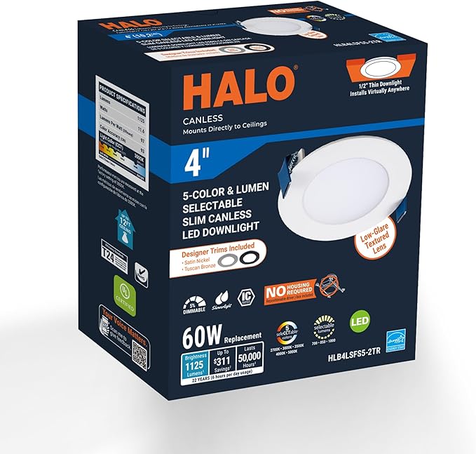 HALO HLB 4 inch LED Recessed Ceiling Light Canless Dimmable with Selectable Lumens and Selectable Color 27/30/35/40/5000K Wet Location Airtight Ultra Slim Indoor Outdoor with 2 Trims HLB4LSFS5-2TR