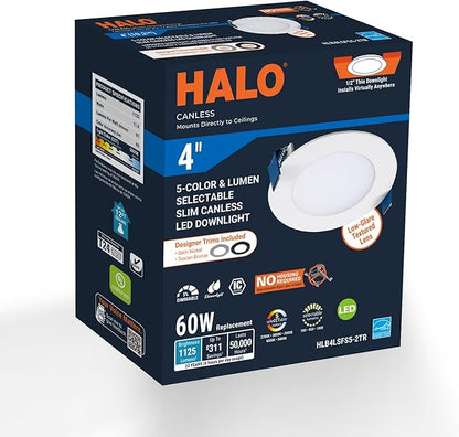 HALO HLB 4 inch LED Recessed Ceiling Light Canless Dimmable with Selectable Lumens and Selectable Color 27/30/35/40/5000K Wet Location Airtight Ultra Slim Indoor Outdoor with 2 Trims HLB4LSFS5-2TR