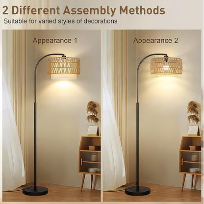 Rattan Floor Lamp, Dimmable Boho Floor Lamp, Farmhouse Arc Standing Lamp with Adjustable Rattan & Fabric Shades, Modern Lamp Tall Lamp for Living Room Bedroom Office Reading Room, Bulb Included