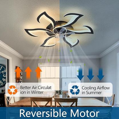 32" Black Geometric Modern 6-Head Ceiling Fan with Lights Remote Control, Low Profile Ceiling Fan with Light for Kitchen Bedroom Living Room