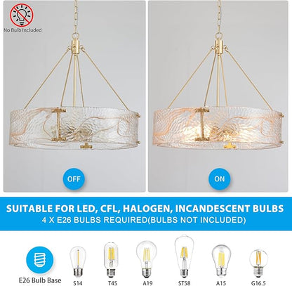 XINGQI 20.7“ Glass Gold Chandeliers for Dining Room, Drum 4-Light Over Table Hanging Pendant Lighting for Hight Ceiling Living Room Kitchen Island Bedroom Office