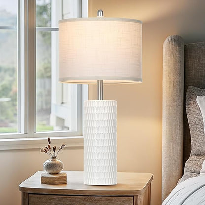 Cinyirong 27" Ceramic Table Lamp, Farmhouse Table Lamp for Living Room, White Lamp for Bedroom, Night Stand, Modern Bedside Lamp Set of 2, End Table Lamps, White(2 Bulbs Included)