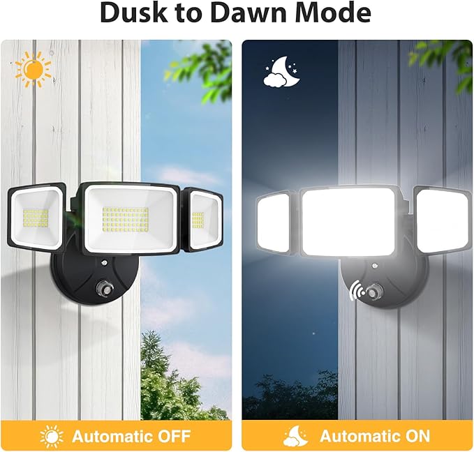 Onforu 80W Dusk to Dawn Outdoor Lighting,8000LM Black Flood Lights Outdoor,IP65 Waterproof Exterior Security LED Light,3 Adjustable Heads Photocell Light Fixture,6500K Floodlight for Garage,Patio,Yard