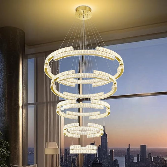Gold Large 5 Ring Crystal Chandelier for High Ceiling Modern Long Stair Chandeliers LED Dimmable, for Villa,2-Story Foyer D47.5''+D40''+D32''+D24''+D16''
