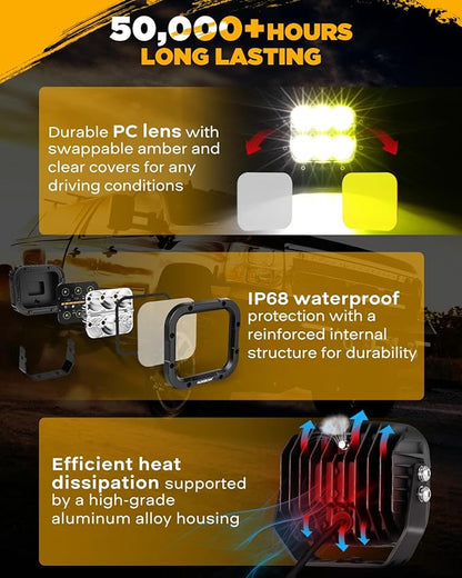 Auxbeam XP-Ultra Series 5 Inch Cube Offroad Lights, Amber DRL Function, Amber White Light Covers, 132W 15600LM Spot Flood Combo, LED Pod Light Bar Off-Road Fog Lights, Pair
