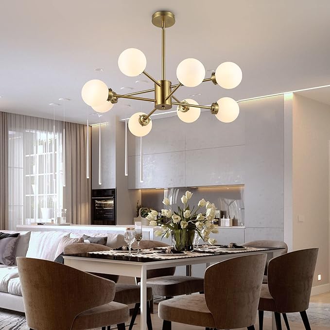 WINGBO 8-Light Sputnik Chandelier, Modern Pendant Light Fixture with 4.7" Opal White Glass Globe Shade for Flat and Slop Ceiling, Height Adjustable for Kitchen Living Room Dining Room Bedroom, Gold