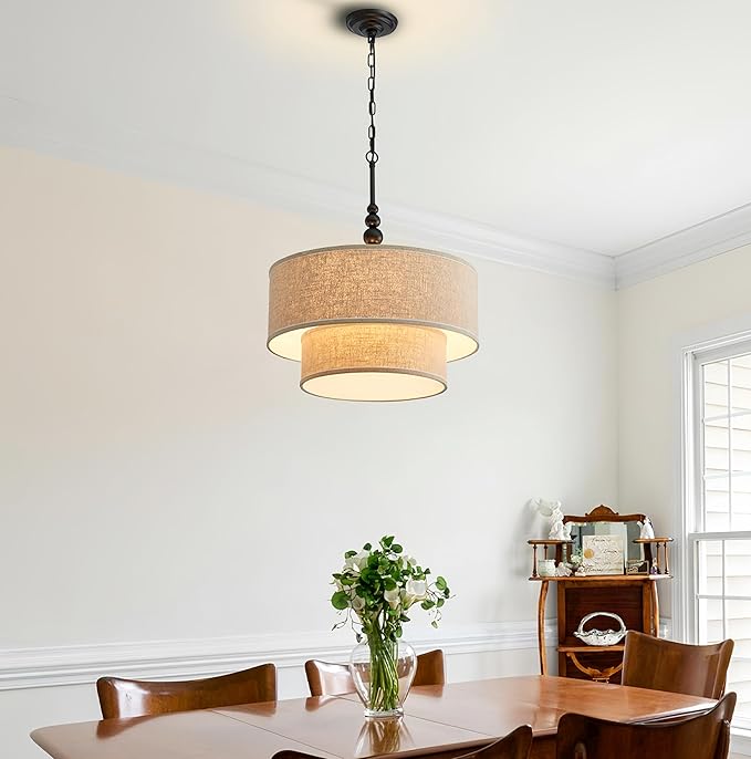 Shrine Lighting Double Drum Chandeliers, Farmhouse Style, Perfect Drum Pendant Light for Dining Room, D20'' x H10'', Adjustable Chains 55'', E12*4 Sockets, Beige Linen Fabric Lampshade & Black Rod