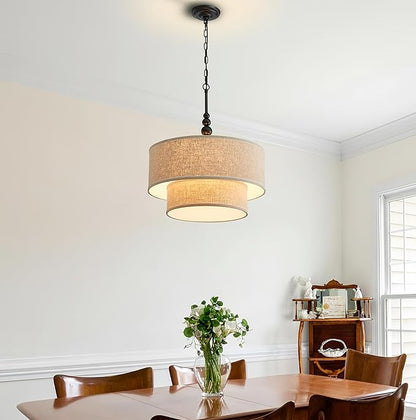 Shrine Lighting Double Drum Chandeliers, Farmhouse Style, Perfect Drum Pendant Light for Dining Room, D20'' x H10'', Adjustable Chains 55'', E12*4 Sockets, Beige Linen Fabric Lampshade & Black Rod