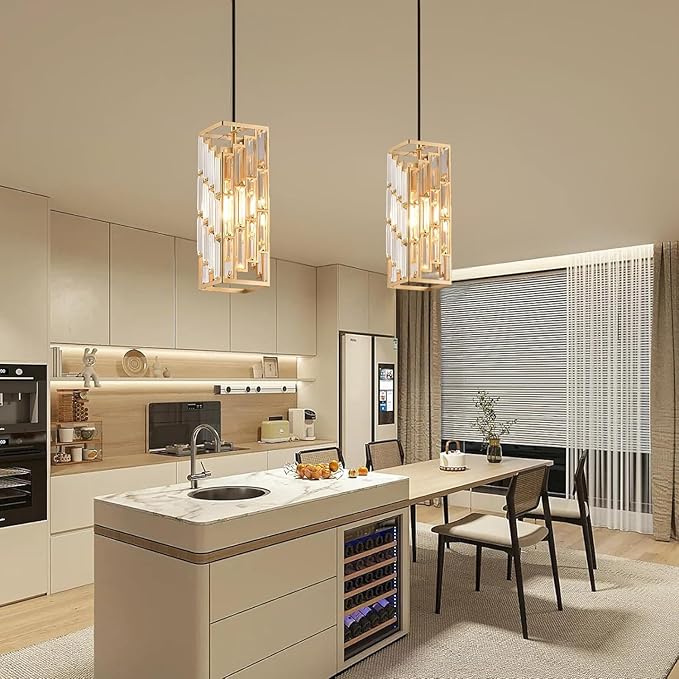 Gold Pendant Lights Kitchen Island 2 Pack, Adjustable Modern Pendant Light Fixtures, Mini Crystal Chandeliers for Dining Room Bedroom Foyer Hallway
