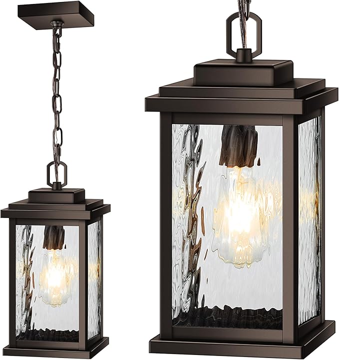 VIANIS Bronze Large Outdoor Pendant Light Fixtures with Water Glass, Anti-Rust Waterproof Hanging Light Fixture with Adjustable Wire, Easy-to-Install Outdoor Hanging Lantern for Porch, Garden, Garage