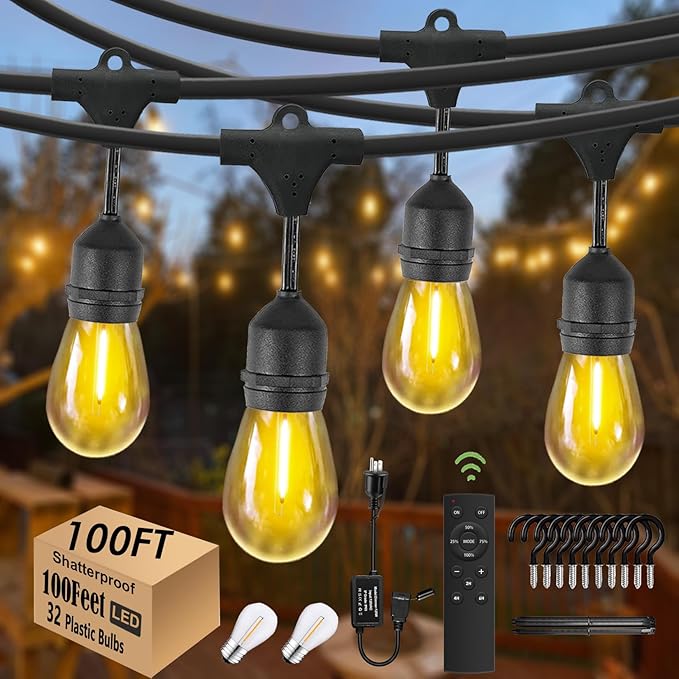 100FT String Lights for Outside with 30+2 Bulbs, Remote & Dimmer, Patio String Lights with 3 Light Modes & Timer, IP65 Waterproof,2200K Outdoor Lights for Patio Backyard Gazebo Pergola Café