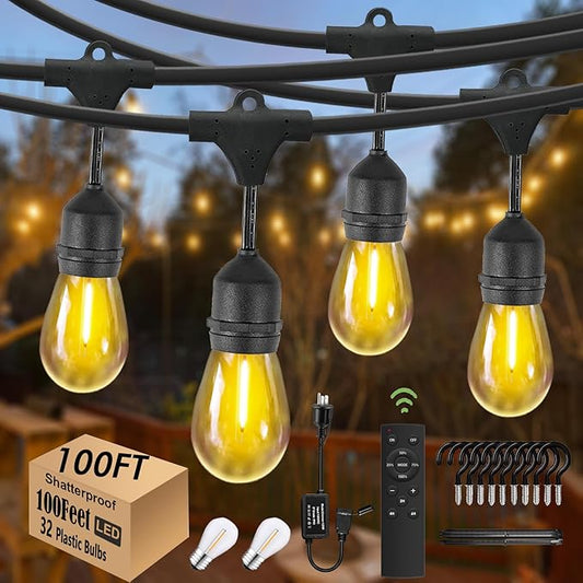 100FT String Lights for Outside with 30+2 Bulbs, Remote & Dimmer, Patio String Lights with 3 Light Modes & Timer, IP65 Waterproof,2200K Outdoor Lights for Patio Backyard Gazebo Pergola Café