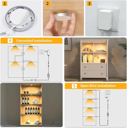 WOBANE Dimmable LED Puck Lights, Under Cabinet Lighting with Switch, Plug in Under Counter Lighting for Shelf, Closet, Cupboard, Bookcase, Display, Super Bright, 2700K Warm White, 4 Pack