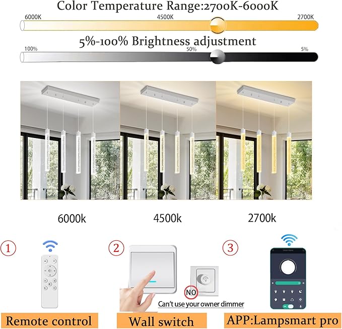 Modern Crystal Column Chandeliers for Dining Room Dimmable 4-Lights Silver LED Hanging Pendant Light Kitchen Island,Bedroom,Over Table,Living Room, Adjustable Height