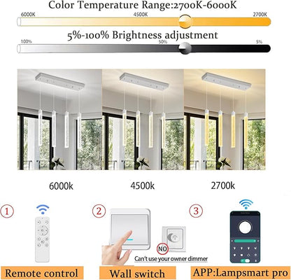 Modern Crystal Column Chandeliers for Dining Room Dimmable 4-Lights Silver LED Hanging Pendant Light Kitchen Island,Bedroom,Over Table,Living Room, Adjustable Height