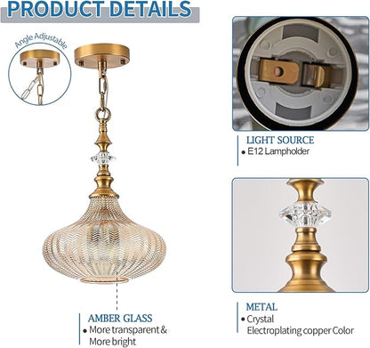 3-Light Pendant Light Fixture,Vintage Gold Farmhouse Chandelier for Kitchen,Adjustable Amber Glass Ceiling Hanging Lighting for Hallway Bedroom Entryway Dining Room Islan