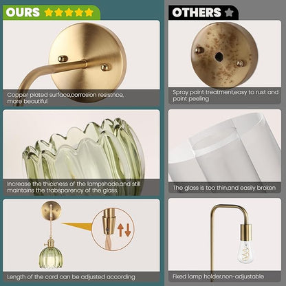 Battery Operated Wall Sconce, Indoor not Hardwired Wall Sconces Deep Green Glass Lampshade with RGB Dimmable, Wall Sconces Set of Two with Remote, Vintage Wall Lamp, for Bedroom Living Room