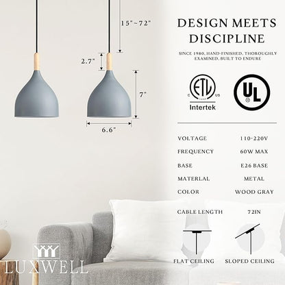 Modern Pendant Light, 6.6"x6.6"x7" Iron Hanging Fixture with Warm Oak Woodgrain, 15"-72" Adjustable Cord, E26 Socket, 4.7" Ceiling Canopy for Kitchen, Hallway – Ashwood Gray