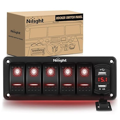 Nilight 5 Gang Rocker Switch Panel Red Backlit with 4.8 Amp Dual USB Charger Voltmeter Waterproof 12V 24V DC Switches with Night Glow Stickers for Car Trucks Boats RVs