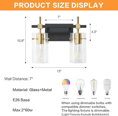 SOLFART Vintage Vanity Light Fixtures Wall Light for Bathroom Over Mirror Light with Glass Shade Light Fixtures (2 Lights-Exclude Bulb)