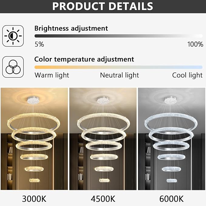 47" 6 Ring Crystal Chandelier Modern LED Dimmable Ring Pendant Light Chandelier for Dining Room Living Room Silver
