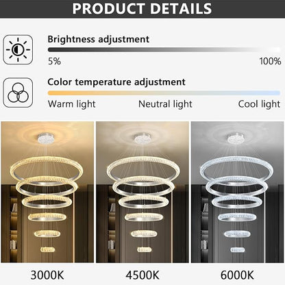 47" 6 Ring Crystal Chandelier Modern LED Dimmable Ring Pendant Light Chandelier for Dining Room Living Room Silver