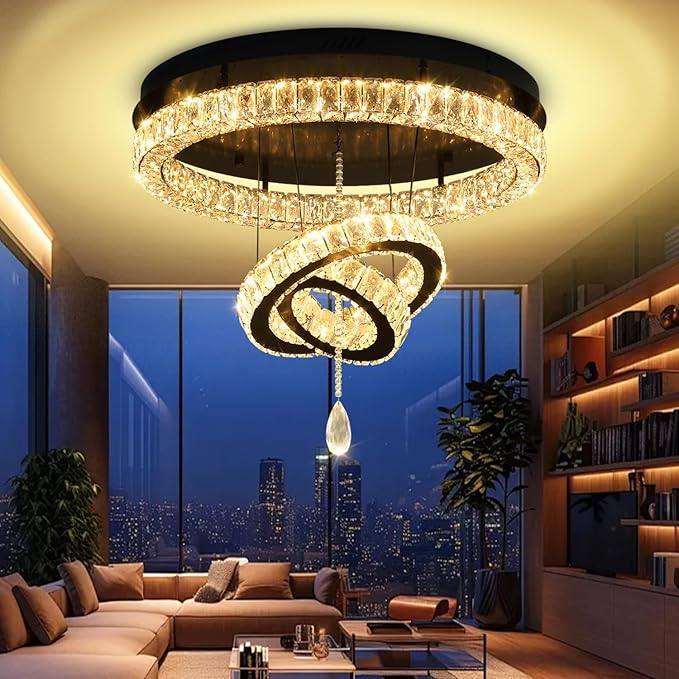 Flashing God Dia 32'' Modern Chandeliers for Living Room Crystal Flush Mount Ceiling Chandelier Large Chandeliers for Dining Room Bedroom LED Dimmable 3000-6000K Black