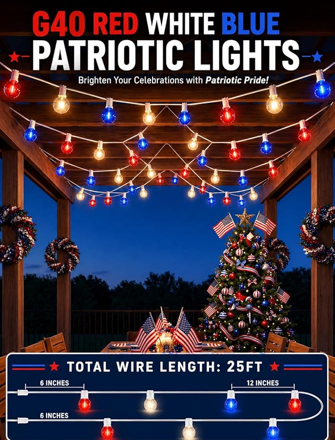 4th of July String Lights, 25FT Outdoor Patio Lights with 27 LED G40 Red White Blue Bulbs (2 Spare), Waterproof Connectable Lights for Patriotic Party Garden Decor
