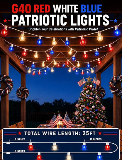 4th of July String Lights, 25FT Outdoor Patio Lights with 27 LED G40 Red White Blue Bulbs (2 Spare), Waterproof Connectable Lights for Patriotic Party Garden Decor